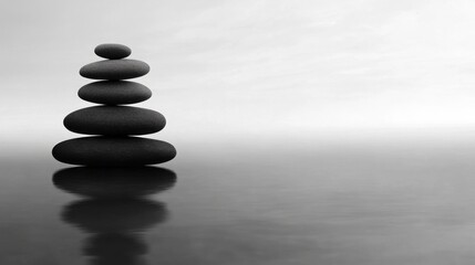 Fototapeta premium Serene Stacked Stones on Calm Water with Soft Gray Background