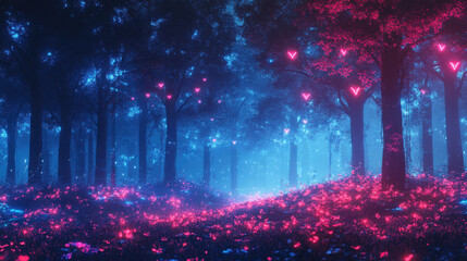 Enchanted Forest at Night Glowing Pink and Blue Trees with Sparkling Lights