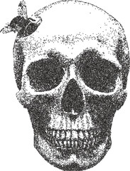 Skull vintage y2k stipple art, bones halftone stipple brutalist retro vector png with transparent background, macabre 2000s aesthetic photocopy effect tattoo