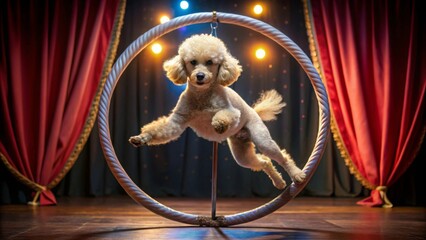 A fluffy canine acrobat gracefully leaps through a circular hoop, performing an impressive feat of agility under the spotlight on a theatrical stage, showcasing its exceptional training and talent