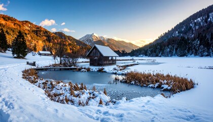 Scenic winter landscape with wooden cabin on frozen lake
