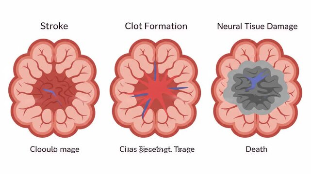 Detailed medical animation illustrating the critical stages of a stroke event, including artery blockage, clot formation, and irreversible neural tissue damage.