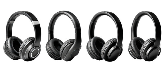 Harmony in Sound: A quartet of modern headphones presents a symphony of technology, a visual ode to auditory enjoyment, a stark display of sophisticated soundscape.