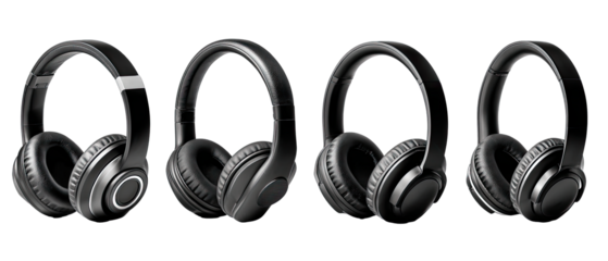 Harmony in Sound: A quartet of modern headphones presents a symphony of technology, a visual ode to auditory enjoyment, a stark display of sophisticated soundscape.