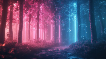 Enchanted Forest at Night Pink and Blue Glowing Trees Magical Atmosphere
