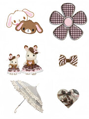 A charming collection of graphic elements: cute bunny characters, teddy bear dolls, a patterned flower, bow, lace umbrella, and heart. Ideal for crafts and children's designs.
