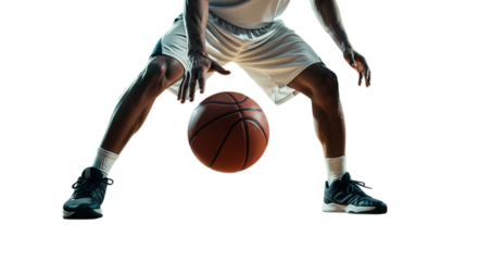 Photo of a basketball player dribbling the ball with focus and determination isolated on transparent background