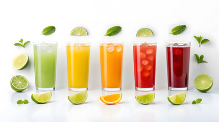 Five glasses of colorful fruit juices with ice and garnishes