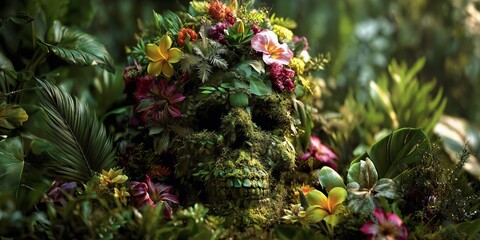 Floral Skull with Vibrant Flowers and Green Leaves in Jungle Setting