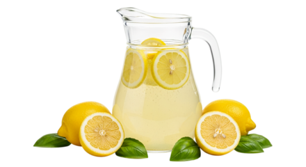 Photo of a pitcher of homemade lemonade with lemons and basil isolated on transparent background