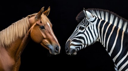 Horse and Zebra Intently Staring at Each Other on Black Background