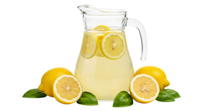 Photo of a pitcher of homemade lemonade with lemons and basil isolated on transparent background