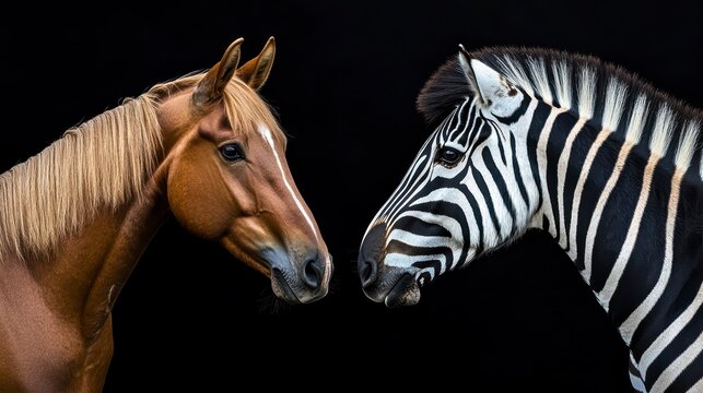 Horse and Zebra Intently Staring at Each Other on Black Background