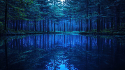 Enchanted Forest Lake at Night Dark Blue and Teal Reflections