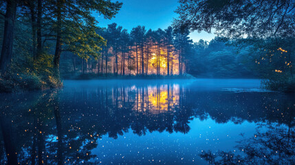 Enchanted Forest Lake at Night Magical Blue Reflections and Glowing Lights