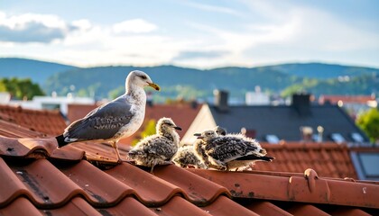 Seagull family on a rooftop
