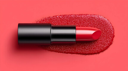 Fototapeta premium A classic red lipstick in a sleek black tube lies on a textured swatch of the same color. This bold, top-down shot showcases the cosmetic's rich pigment and texture