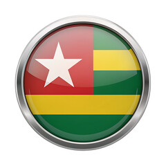 Glossy 3 D circular button icon featuring the flag of Togo with a metallic silver border isolated on a transparent background
