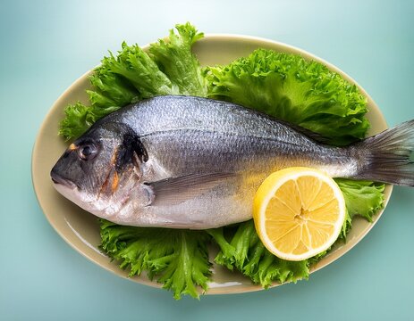 a fish is on a plate with a lemon slice and green lettuce
