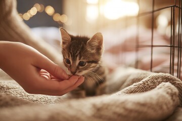 Kitten being fed by hand in cozy sunlit room