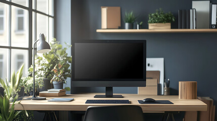 Fototapeta premium frameless monitor appearing to float above modern desk setup, no visible stand, high-tech illusion.