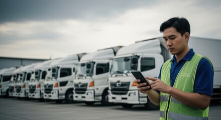 Logistics manager wearing safety vest using smartphone app managing fleet of trucks, ensuring efficient operations and timely deliveries in transportation and freight industry