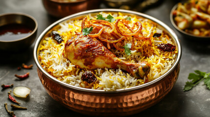 Spicy Indian biryani served in copper bowl, saffron rice, chicken, fried onions, rich spices, festive setting.