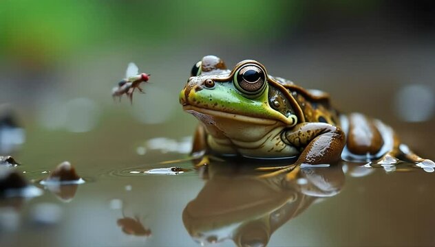 Moor frog eating a small fly
