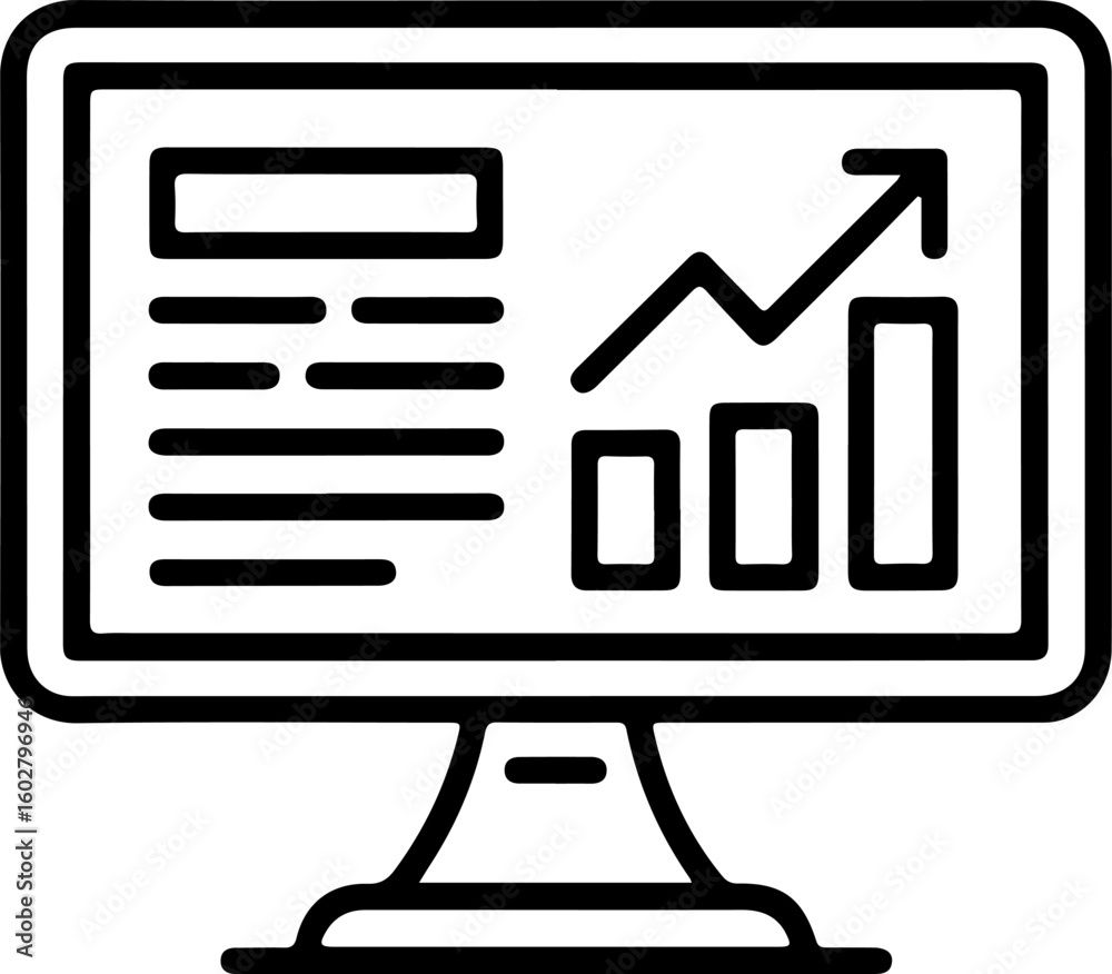 Poster computer monitor displaying financial growth chart and data analysis report
