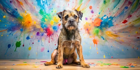 A canine companion sits patiently amidst a vibrant explosion of colorful paint splatters on a wooden surface.