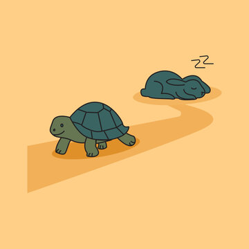 Tortoise and Hare Race Illustration with Lazy Rabbit Sleeping