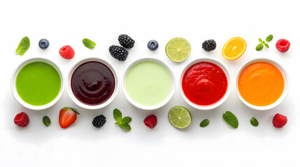 Five small white bowls of colorful purees with fruit