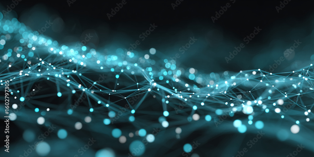 Poster abstract image of teal glowing nodes and connecting lines forming a wave-like pattern on dark backgr