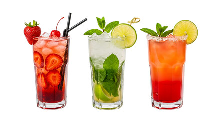 Fototapeta premium Photo of three refreshing summer cocktails with fruit and herbs isolated on transparent background