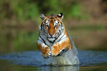 Obraz premium Bengal tiger leaps through shallow water with intense expression big cat wild animal