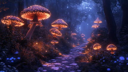 Enchanted Forest Path with Glowing Mushrooms and Stars