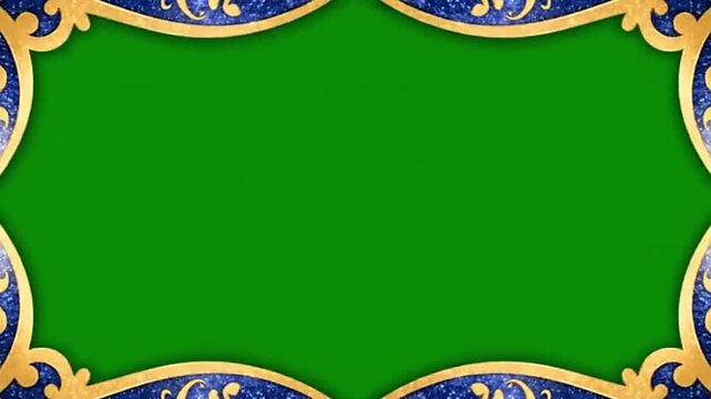 A green screen is surrounded by an ornamental frame blue and gold