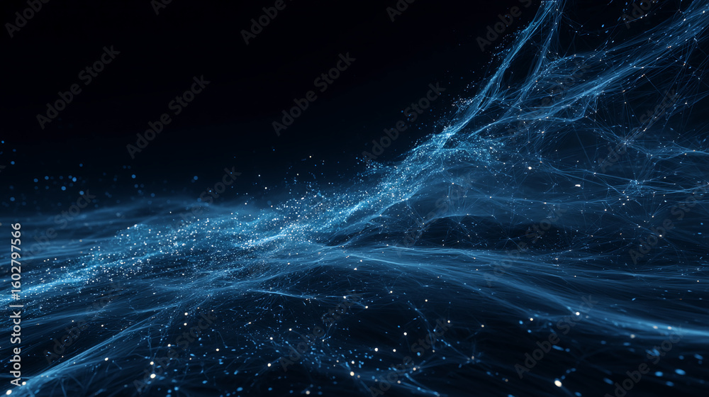 Poster Abstract blue wave texture with glowing particles, creating a dynamic and ethereal digital landscape suitable for technology or science concepts