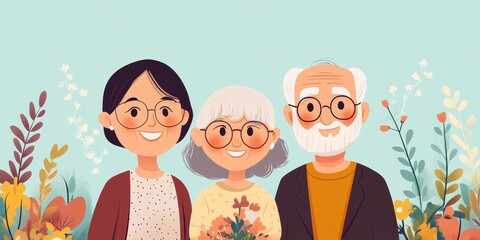 This is an illustration depicting a cheerful family enjoying their time together, with autumnal colors and flower motifs creating a warm and inviting atmosphere.