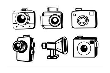 Collection of six hand drawn sketchy style illustrations of vintage and modern cameras and a megaphone on a white background