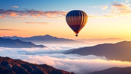 Obraz premium A hot air balloon floating above volcanic mountains at daw