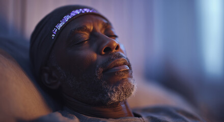 A man undergoes hypnosis therapy in a tranquil setting, his eyes closed and face relaxed. This treatment aims to improve sleep quality and address various health concerns, promoting healing.