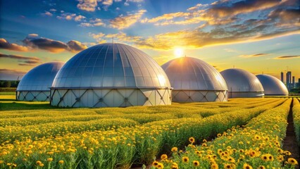 Obraz premium Serene Sunset Over Biogas Digesters in a Field of Blossoming Sunflowers