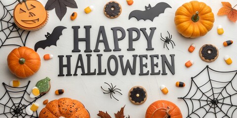  Festive Halloween Flat Lay with Happy Halloween Text, Pumpkins, and Candy Corn on a White Background