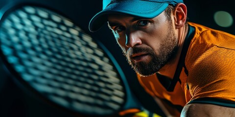 Male tennis player concentrating on game, with blurred rackets, against dark background for high impact.