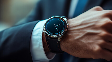frameless smartwatch on wrist in formal suit, business notification UI glowing, premium lifestyle setting.