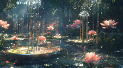 Enchanted Garden at Night Pink Lotus Flowers and Sparkling Fountain
