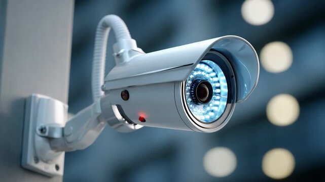 Security Camera Surveillance: A close-up captures a modern security camera mounted, its lens vigilantly surveying the surroundings, representing constant surveillance and safety.