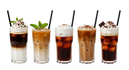 Photo of variety of iced coffee drinks in glasses isolated on transparent background