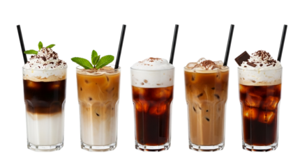 Photo of variety of iced coffee drinks in glasses isolated on transparent background